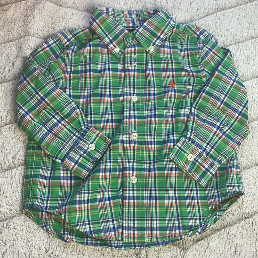 Ralph Lauren Classic Cotton Button Up Shirt Blue Green Plaid